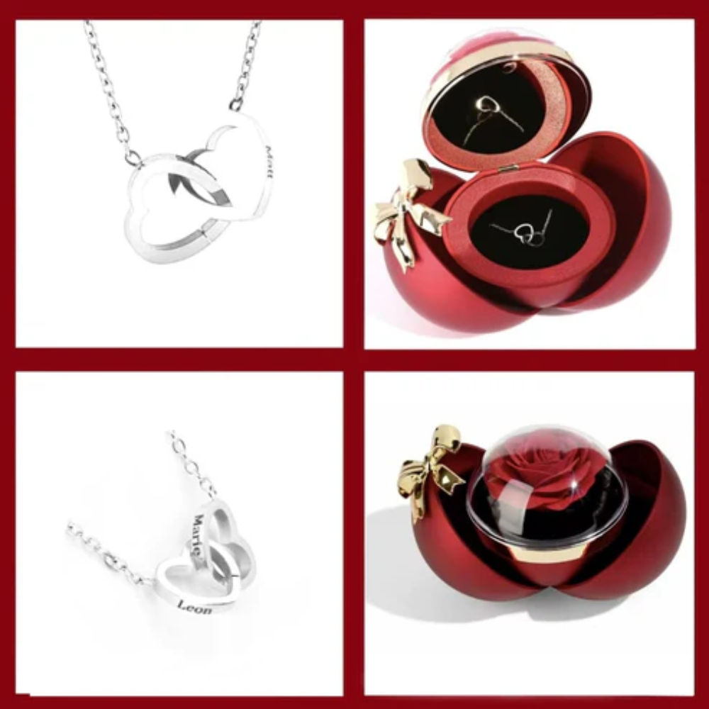 Spherical Rose Box – With Engraved Double Heart Necklace