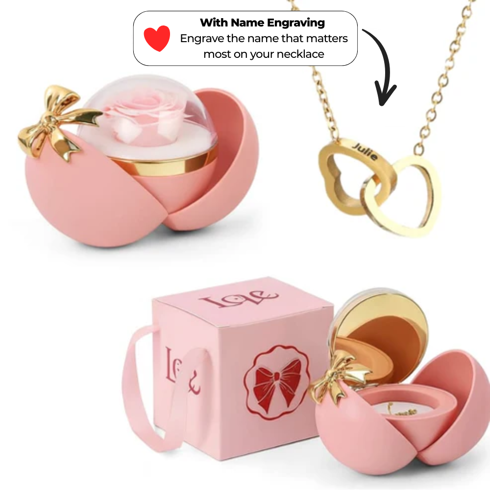 Spherical Rose Box – With Engraved Double Heart Necklace