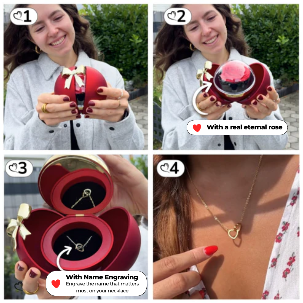 Spherical Rose Box – With Engraved Double Heart Necklace