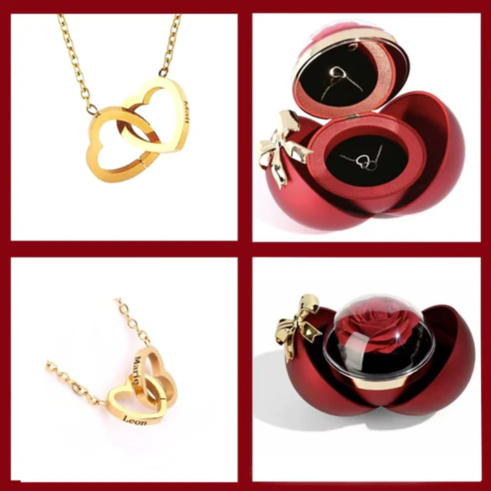 Spherical Rose Box – With Engraved Double Heart Necklace
