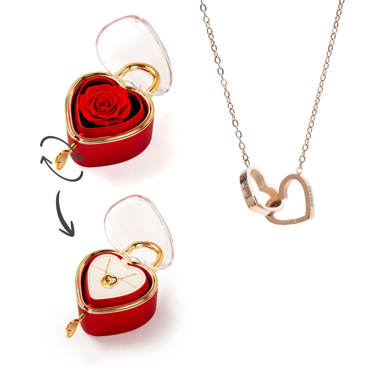 Spherical Rose Key Box – With Engraved Double Heart Necklace