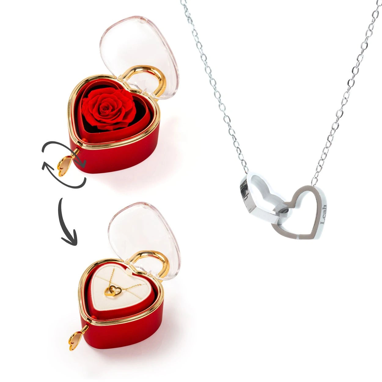 Spherical Rose Key Box – With Engraved Double Heart Necklace